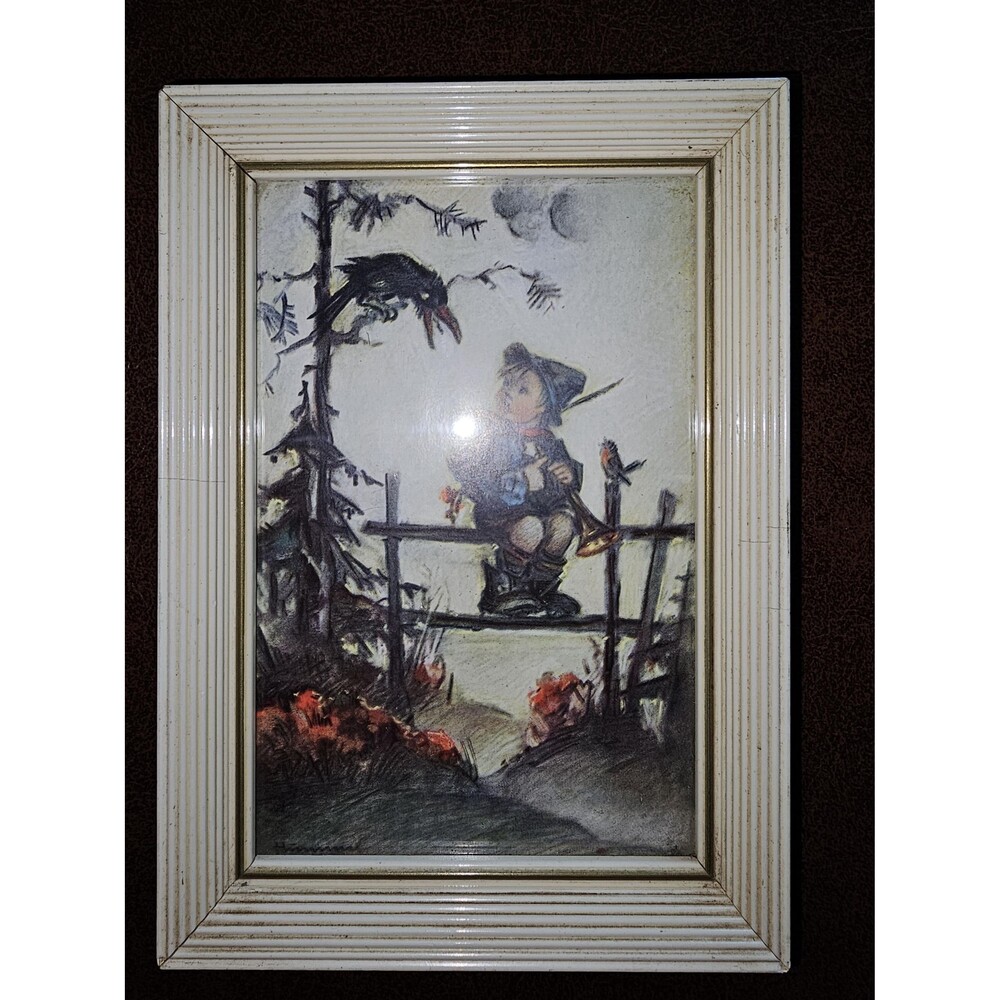 Vintage Authentic Hummel Print H36 Crow Boy Horn in a White Wood Frame